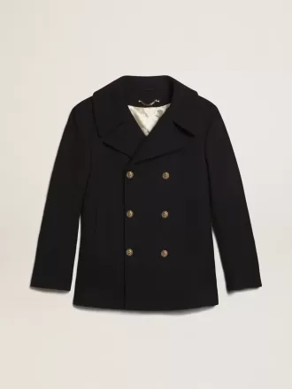 Abrigo cruzado para hombre en lana azul oscuro con botones dorados