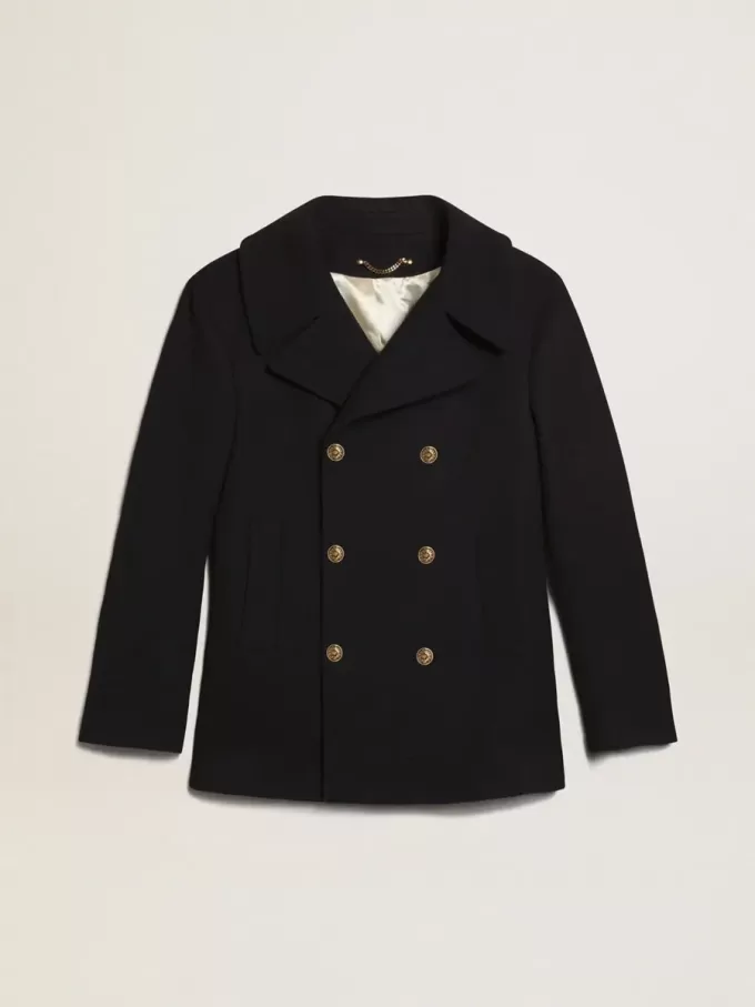 Abrigo cruzado para hombre en lana azul oscuro con botones dorados Abrigo cruzado para hombre en lana azul oscuro con botones dorados