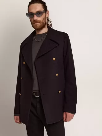 Abrigo cruzado para hombre en lana azul oscuro con botones dorados
