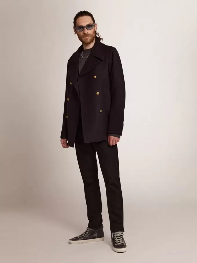 Abrigo cruzado para hombre en lana azul oscuro con botones dorados Abrigo cruzado para hombre en lana azul oscuro con botones dorados