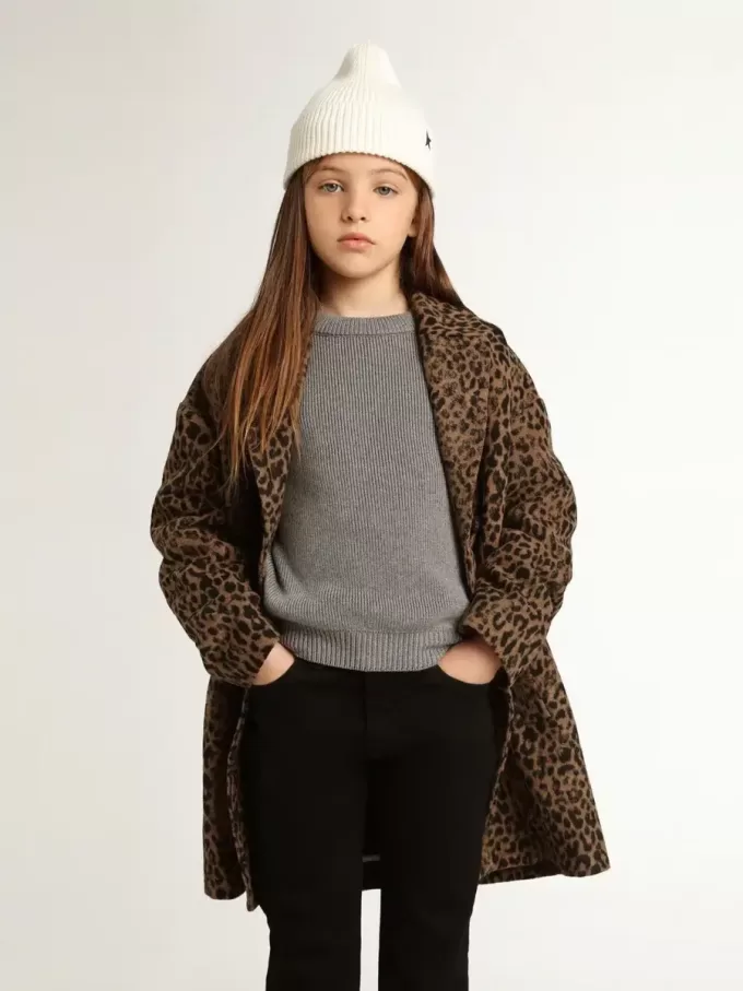 Abrigo de lana con estampado animal jacquard y botonadura sencilla para niña Abrigo de lana con estampado animal jacquard y botonadura sencilla para niña