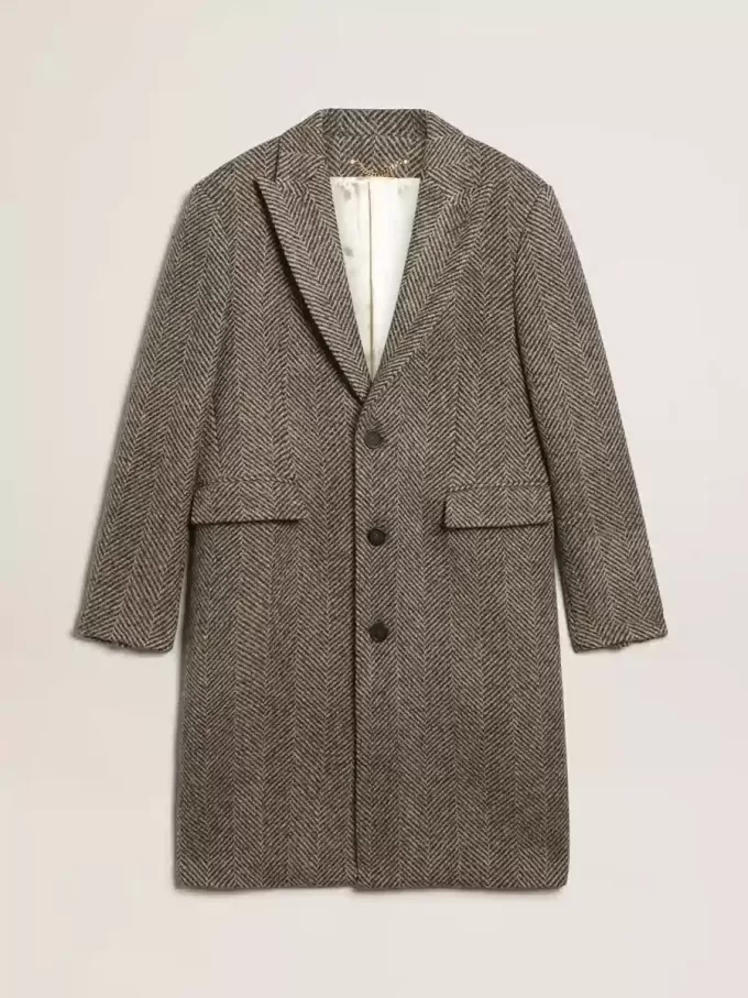 Abrigo de lana de botonadura sencilla para hombre con tejido en espiga beige y gris Abrigo de lana de botonadura sencilla para hombre con tejido en espiga beige y gris