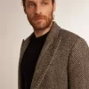 Abrigo de lana de botonadura sencilla para hombre con tejido en espiga beige y gris Abrigo de lana de botonadura sencilla para hombre con tejido en espiga beige y gris