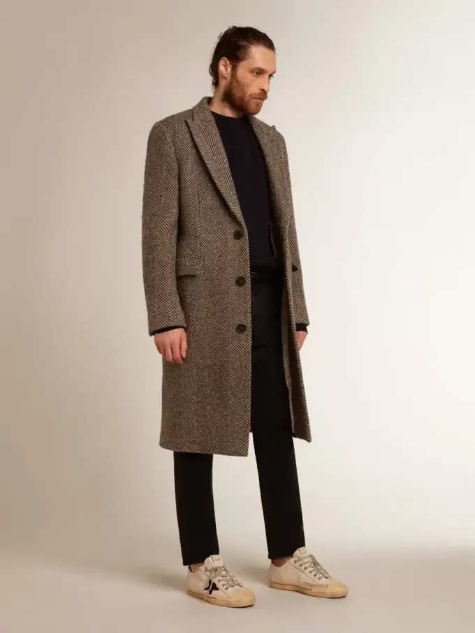 Abrigo de lana de botonadura sencilla para hombre con tejido en espiga beige y gris Abrigo de lana de botonadura sencilla para hombre con tejido en espiga beige y gris