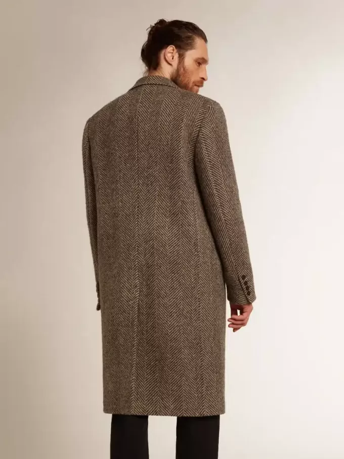 Abrigo de lana de botonadura sencilla para hombre con tejido en espiga beige y gris Abrigo de lana de botonadura sencilla para hombre con tejido en espiga beige y gris