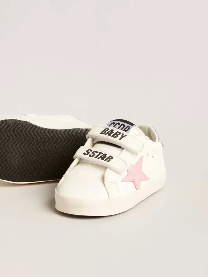 Baby Old School con estrella de piel rosa y lengüeta de piel plateada en el talón