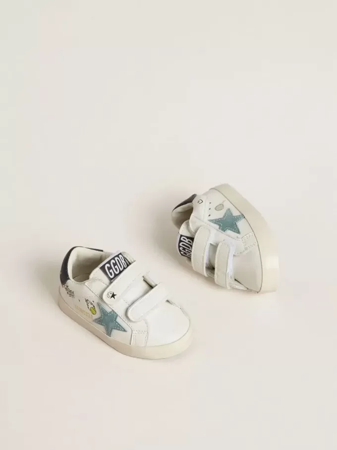 Baby School en napa blanca con estrella de ante azul claro y motivo de tenis Baby School en napa blanca con estrella de ante azul claro y motivo de tenis