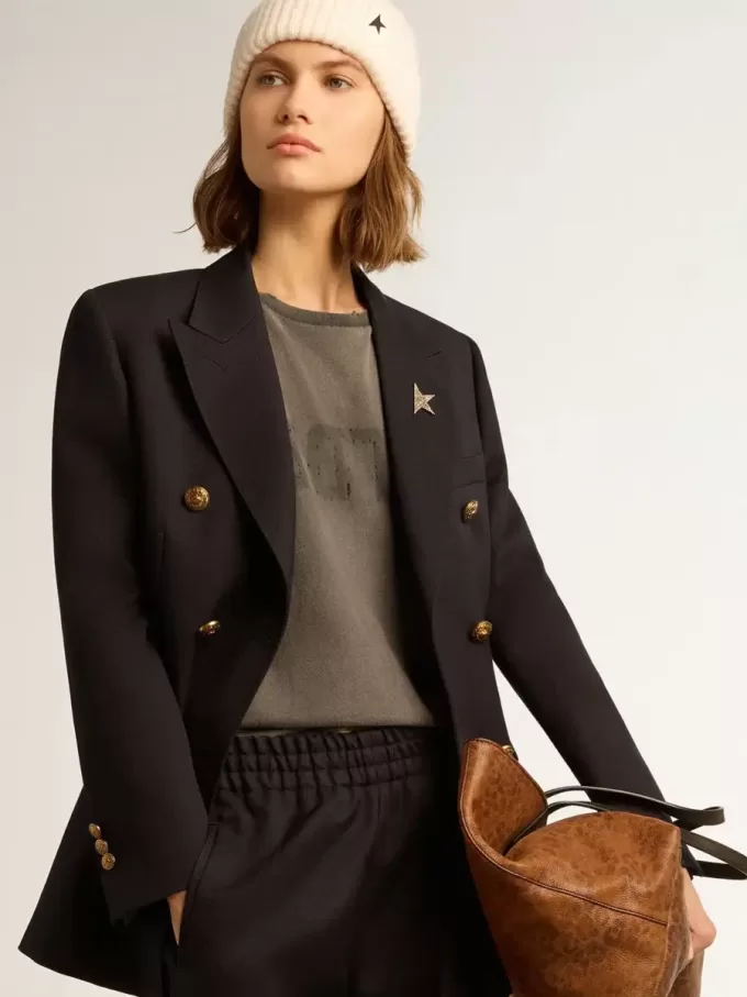 Blazer azul oscuro de doble botonadura para mujer Blazer azul oscuro de doble botonadura para mujer