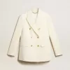 Blazer blanco envejecido de doble botonadura para mujer Blazer blanco envejecido de doble botonadura para mujer