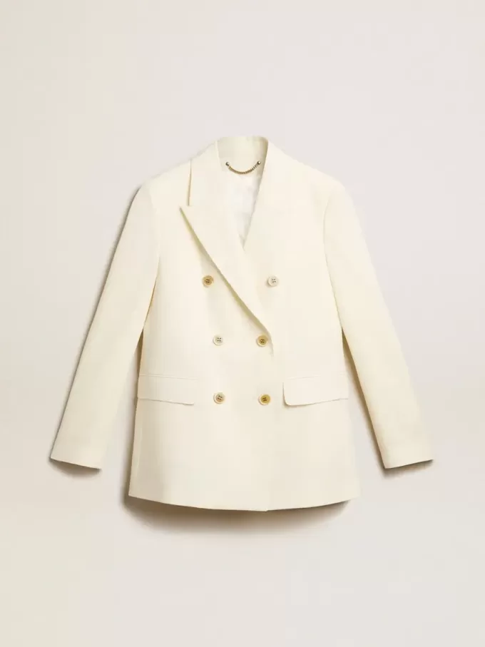 Blazer blanco envejecido de doble botonadura para mujer Blazer blanco envejecido de doble botonadura para mujer