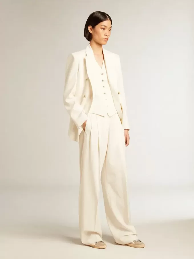 Blazer blanco envejecido de doble botonadura para mujer Blazer blanco envejecido de doble botonadura para mujer