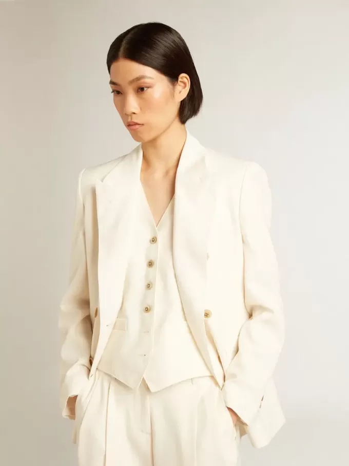 Blazer blanco envejecido de doble botonadura para mujer Blazer blanco envejecido de doble botonadura para mujer