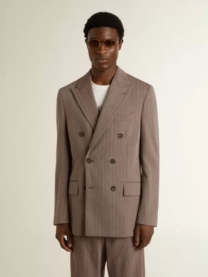Blazer cruzado de lana mezclada con diseño chevron en color beige para hombre Blazer cruzado de lana mezclada con diseño chevron en color beige para hombre