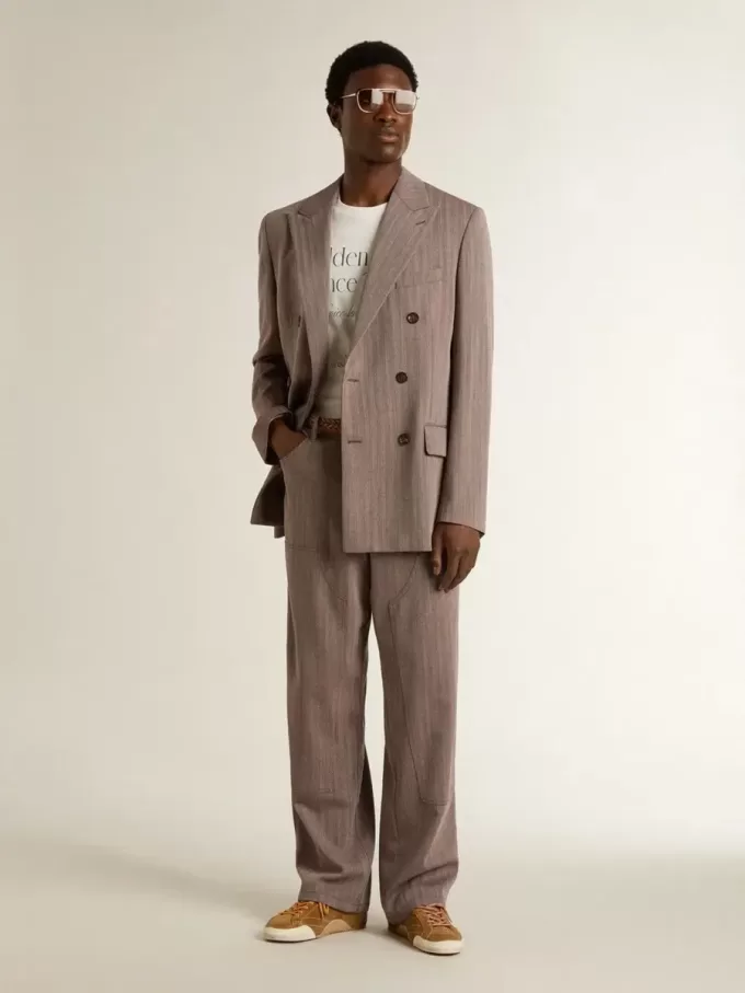 Blazer cruzado de lana mezclada con diseño chevron en color beige para hombre Blazer cruzado de lana mezclada con diseño chevron en color beige para hombre