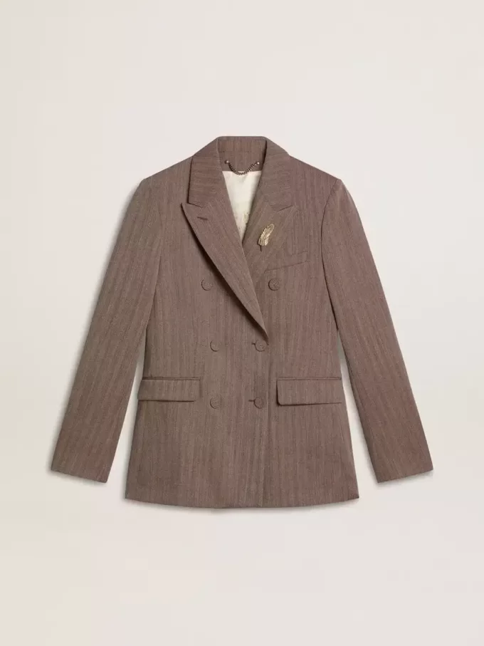 Blazer cruzado de mujer en mezcla de lana beige con diseño chevron Blazer cruzado de mujer en mezcla de lana beige con diseño chevron