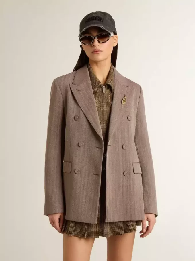 Blazer cruzado de mujer en mezcla de lana beige con diseño chevron Blazer cruzado de mujer en mezcla de lana beige con diseño chevron