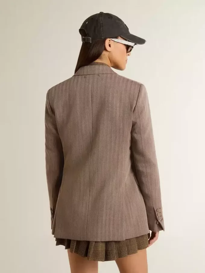 Blazer cruzado de mujer en mezcla de lana beige con diseño chevron Blazer cruzado de mujer en mezcla de lana beige con diseño chevron