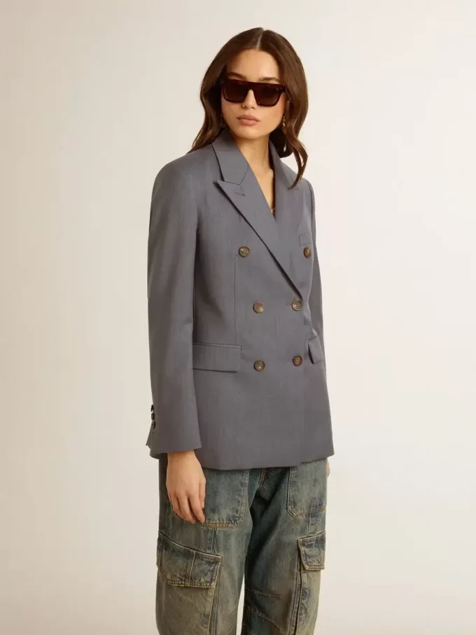 Blazer de doble botonadura para mujer en azul celeste Blazer de doble botonadura para mujer en azul celeste