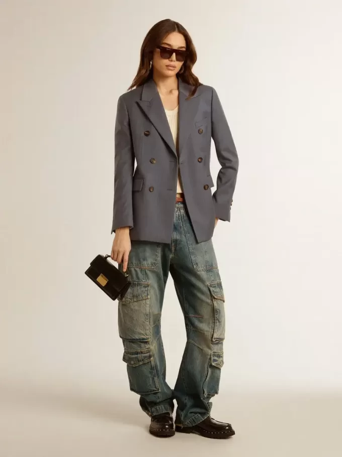 Blazer de doble botonadura para mujer en azul celeste Blazer de doble botonadura para mujer en azul celeste