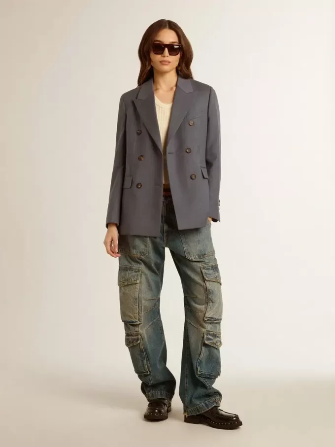 Blazer de doble botonadura para mujer en azul celeste Blazer de doble botonadura para mujer en azul celeste
