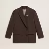 Blazer de doble botonadura para mujer en lana marrón oscuro con diseño de rayas finas Blazer de doble botonadura para mujer en lana marrón oscuro con diseño de rayas finas