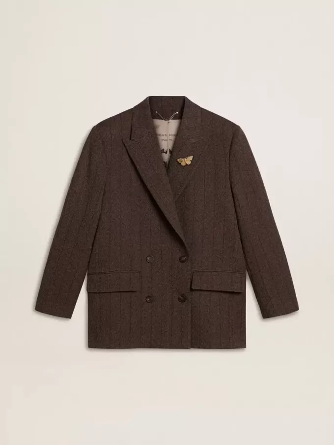 Blazer de doble botonadura para mujer en lana marrón oscuro con diseño de rayas finas Blazer de doble botonadura para mujer en lana marrón oscuro con diseño de rayas finas