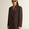 Blazer de doble botonadura para mujer en lana marrón oscuro con diseño de rayas finas Blazer de doble botonadura para mujer en lana marrón oscuro con diseño de rayas finas