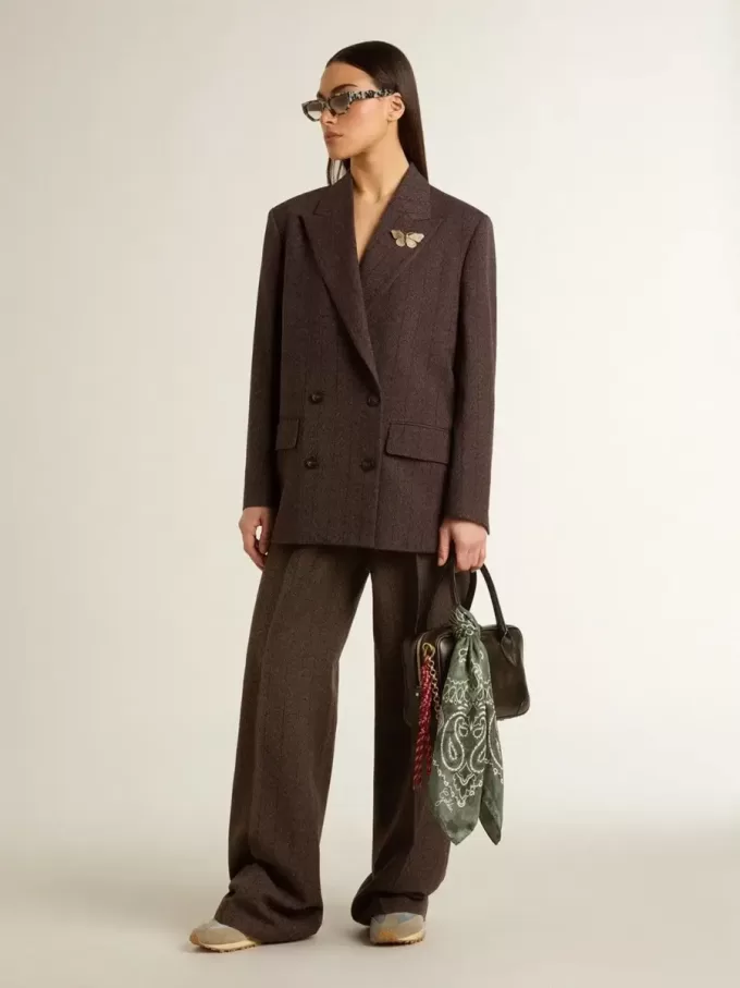 Blazer de doble botonadura para mujer en lana marrón oscuro con diseño de rayas finas Blazer de doble botonadura para mujer en lana marrón oscuro con diseño de rayas finas