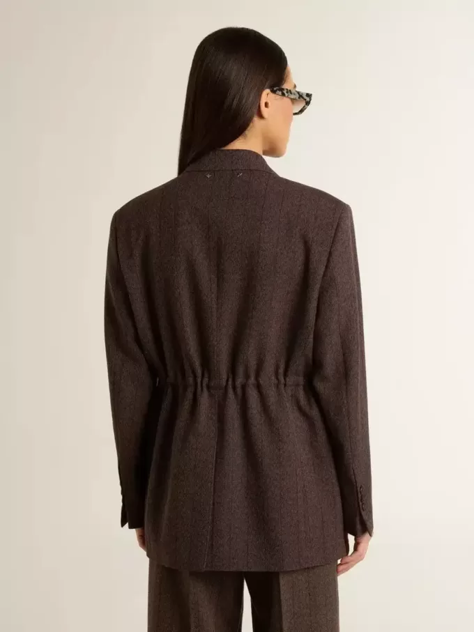 Blazer de doble botonadura para mujer en lana marrón oscuro con diseño de rayas finas Blazer de doble botonadura para mujer en lana marrón oscuro con diseño de rayas finas