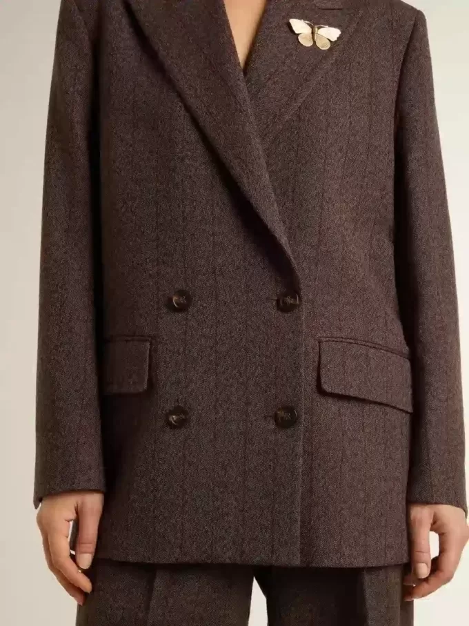 Blazer de doble botonadura para mujer en lana marrón oscuro con diseño de rayas finas Blazer de doble botonadura para mujer en lana marrón oscuro con diseño de rayas finas