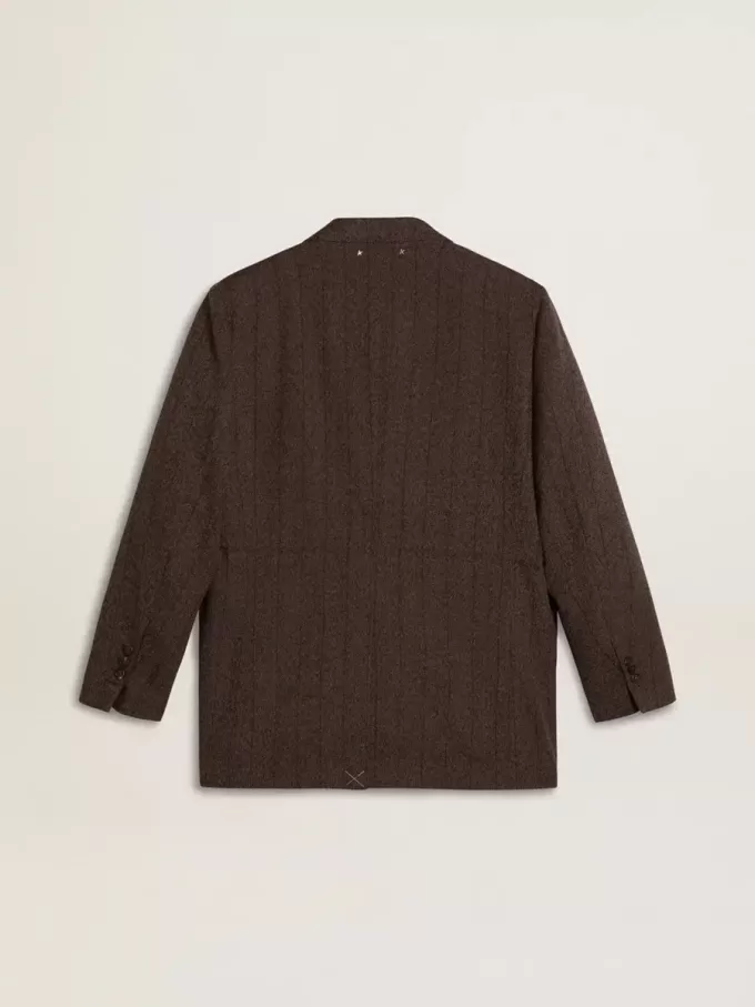 Blazer de doble botonadura para mujer en lana marrón oscuro con diseño de rayas finas Blazer de doble botonadura para mujer en lana marrón oscuro con diseño de rayas finas
