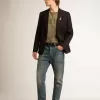Blazer de hombre de una sola botonadura en gabardina de lana azul oscuro Blazer de hombre de una sola botonadura en gabardina de lana azul oscuro