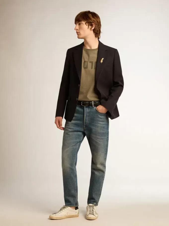 Blazer de hombre de una sola botonadura en gabardina de lana azul oscuro Blazer de hombre de una sola botonadura en gabardina de lana azul oscuro