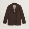 Blazer de hombre de una sola botonadura en lana marrón oscuro con diseño de rayas finas Blazer de hombre de una sola botonadura en lana marrón oscuro con diseño de rayas finas