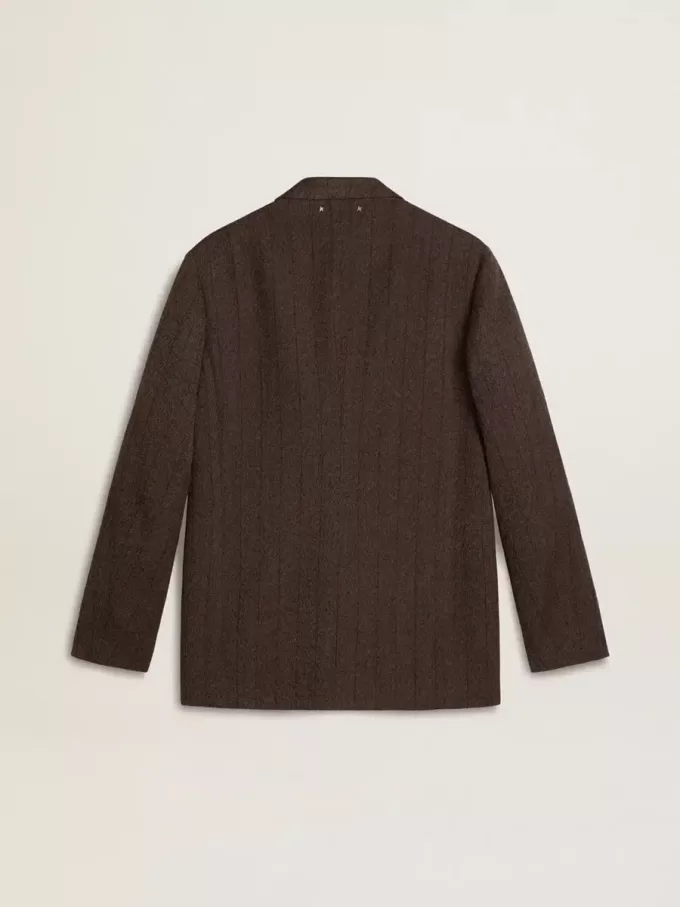 Blazer de hombre de una sola botonadura en lana marrón oscuro con diseño de rayas finas Blazer de hombre de una sola botonadura en lana marrón oscuro con diseño de rayas finas