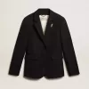 Blazer de mujer de un solo pecho en gabardina de lana azul oscuro Blazer de mujer de un solo pecho en gabardina de lana azul oscuro