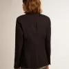 Blazer de mujer de un solo pecho en gabardina de lana azul oscuro Blazer de mujer de un solo pecho en gabardina de lana azul oscuro