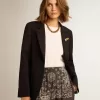 Blazer de mujer de un solo pecho en gabardina de lana azul oscuro Blazer de mujer de un solo pecho en gabardina de lana azul oscuro