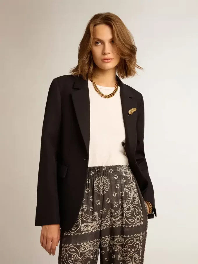 Blazer de mujer de un solo pecho en gabardina de lana azul oscuro Blazer de mujer de un solo pecho en gabardina de lana azul oscuro