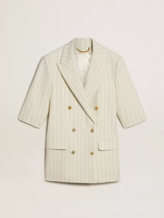 Blazer de mujer en mezcla de lana a rayas blancas y grises con mangas cortas. Blazer de mujer en mezcla de lana a rayas blancas y grises con mangas cortas.