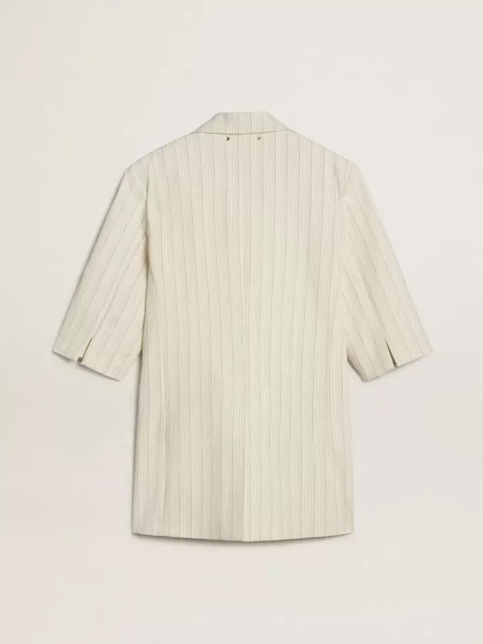 Blazer de mujer en mezcla de lana a rayas blancas y grises con mangas cortas. Blazer de mujer en mezcla de lana a rayas blancas y grises con mangas cortas.