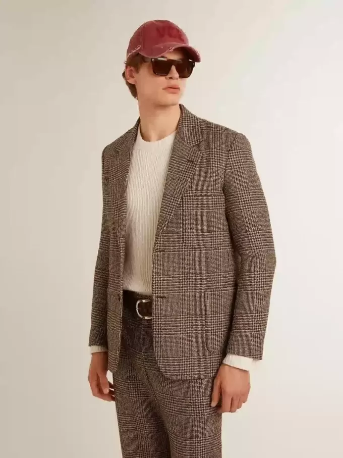 Blazer gris de botonadura sencilla para hombre en lana con estampado de pata de gallo Blazer gris de botonadura sencilla para hombre en lana con estampado de pata de gallo