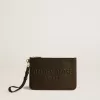Bolsa de cuero negro con logotipo en relieve Bolsa de cuero negro con logotipo en relieve