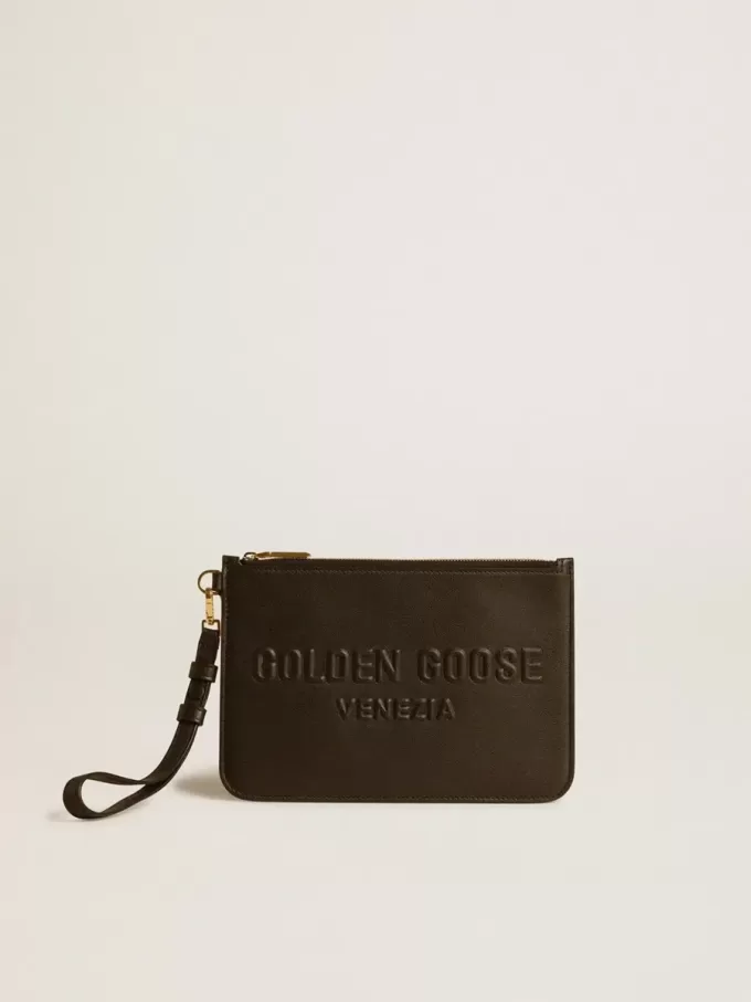 Bolsa de cuero negro con logotipo en relieve Bolsa de cuero negro con logotipo en relieve
