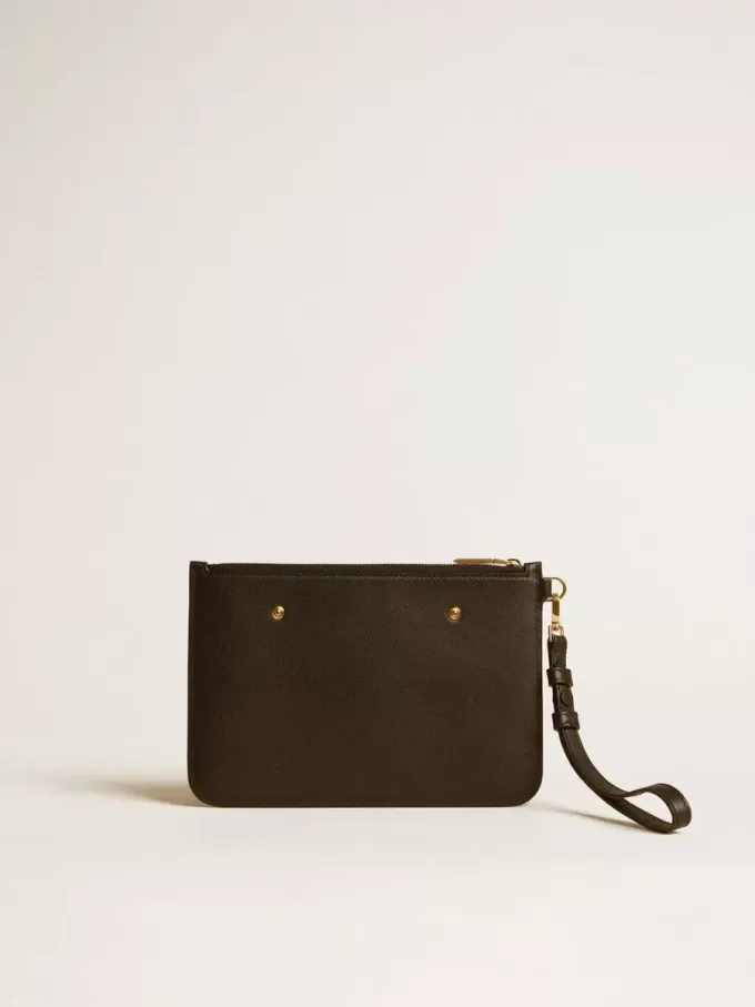 Bolsa de cuero negro con logotipo en relieve Bolsa de cuero negro con logotipo en relieve