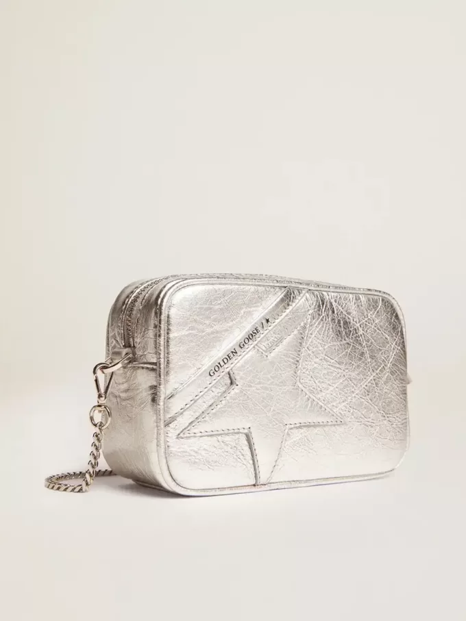 Bolso Mini Star para mujer en piel laminada plateada con estrella tono sobre tono