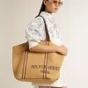 Bolso tote 24.7 en rafia natural y piel marrón con detalles metálicos dorados