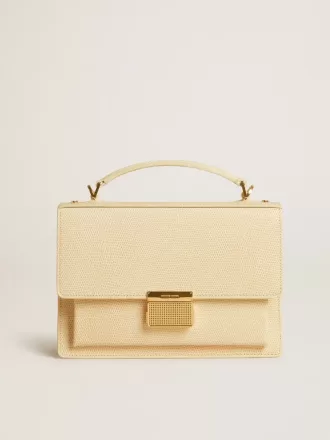 Bolso Venezia en piel con estampado pitón beige y detalles dorados.