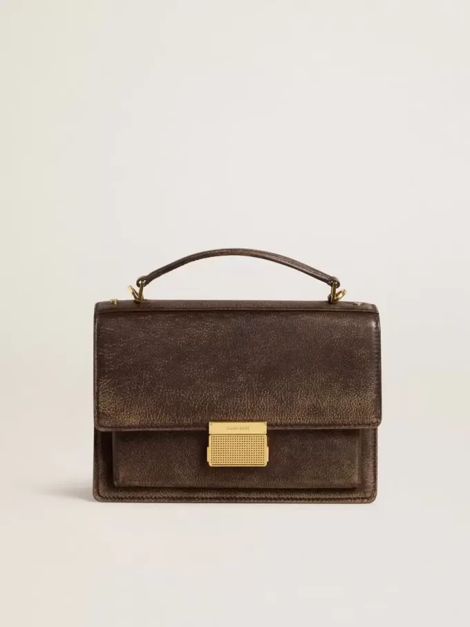 Bolso Venezia en piel vintage marrón oscuro repujada con detalles dorados Bolso Venezia en piel vintage marrón oscuro repujada con detalles dorados
