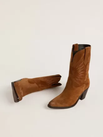 Botas bajas Wish Star para mujer en ante color coñac con bordado de estrellas